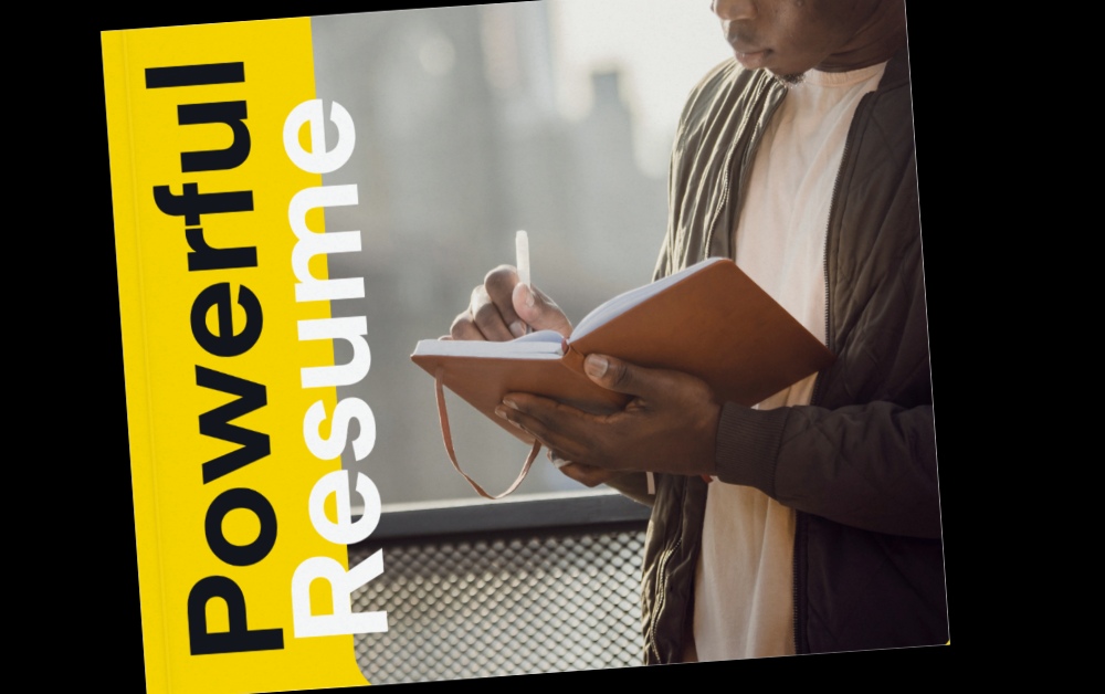 A book cover with a man writing in a notebook. The book is called Powefull Resume