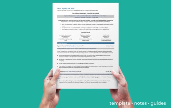A green background with a nursing resume template being help up by two hands