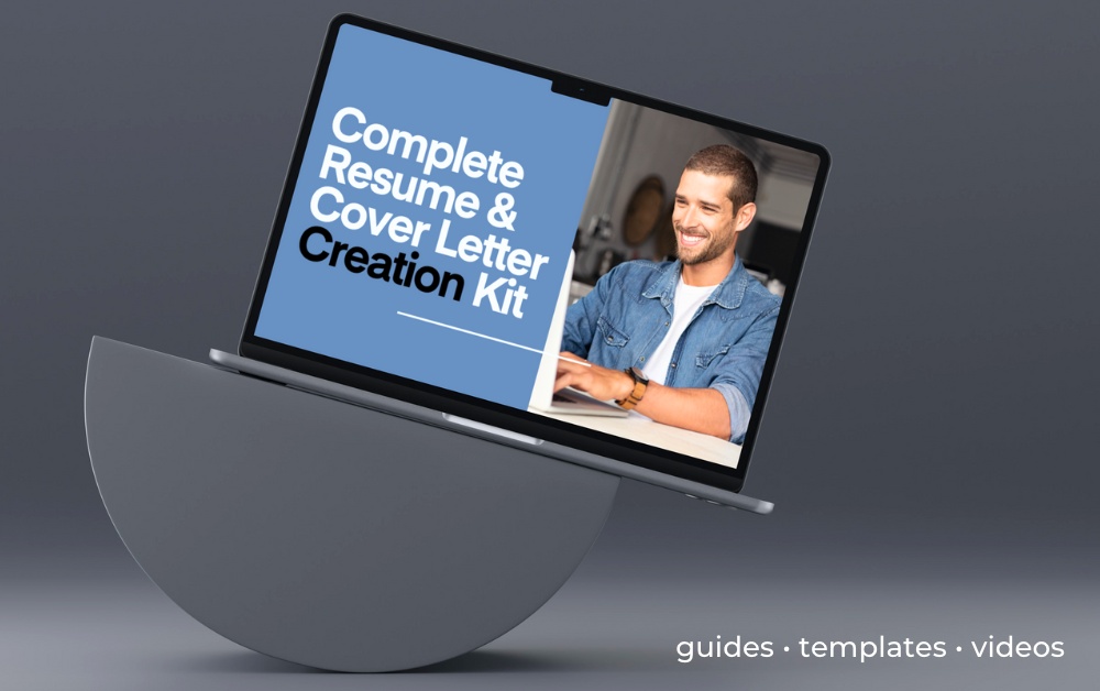 A laptop balances on a semicircle. On the laptop screen is an image of a man. The text on the laptop says Complete Resume and Cover Letter Creation Kit.