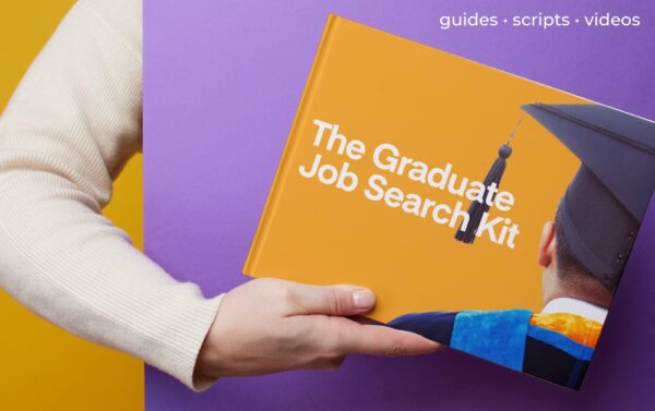 A woman's arm can be seen holding a book called The Graduate Job Search Kit. The book is vivid orange and the background is bright purple.