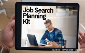 A man holds a black ipad. On the ipad screen is a picture of a man using a laptop. It says Job Search Planning Kit