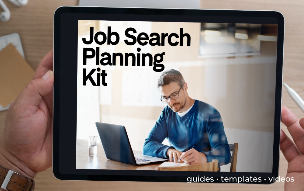 A man holds a black ipad. On the ipad screen is a picture of a man using a laptop. It says Job Search Planning Kit