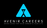 Avenir Careers logo: aqua blue triangle (rounded corners) with hourglass shaped cut in the center on black square background. White letters underneath reading: 'Avenir Careers: Doing good for your career & your life'.