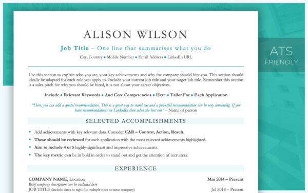 Classic Resume Template in Teal- Matching Cover Letter Template - Job Search Journey