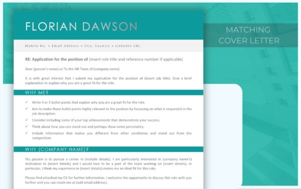 Cover Letter and Simple Resume Template in Dark Teal from Job Search Journey