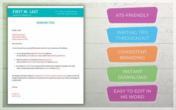 A professional cover letter template in teal