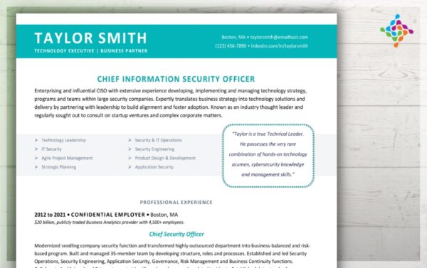 A professional resume template in teal from Job Search Journey