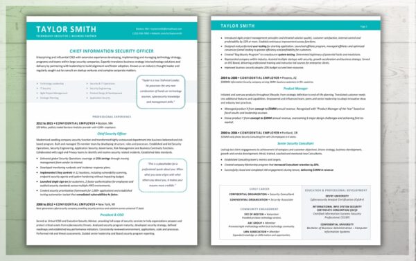 An example of a two page resume template in teal