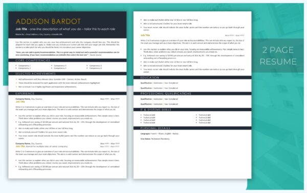 Two Page Simple Resume Template in Gold from Job Search Journey