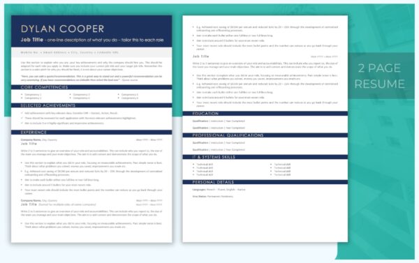Two Page Simple Resume Template - Navy - Job Search Journey