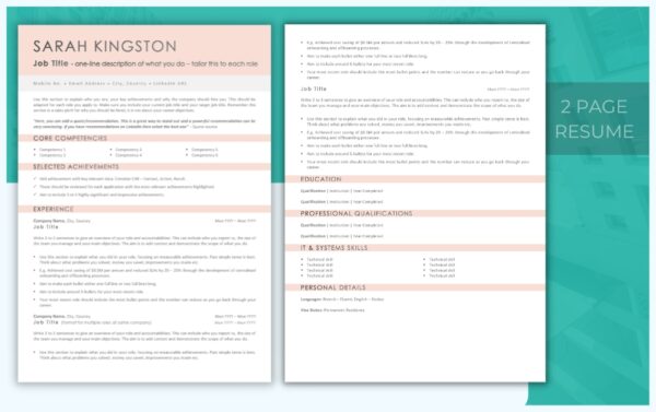 Two Page Simple Resume Template - Rose Pink - Job Search Journey