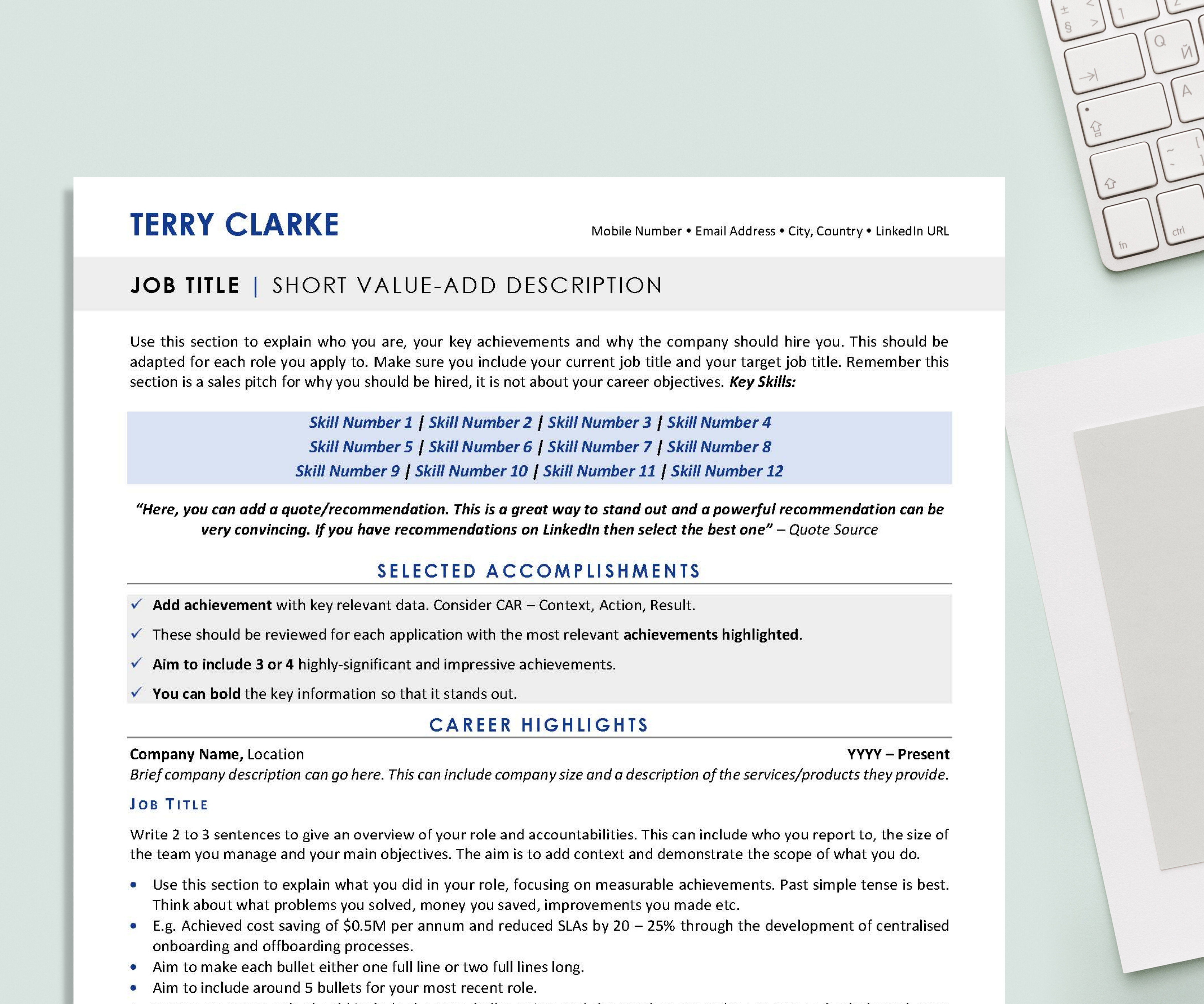 Navy Blue | Executive Resume and Cover Letter Template | ATS-Friendly | Designed by an Executive Resume Writer