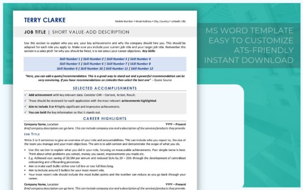 ATS-Friendly Modern Executive Resume Template - Blue - Job Search Journey