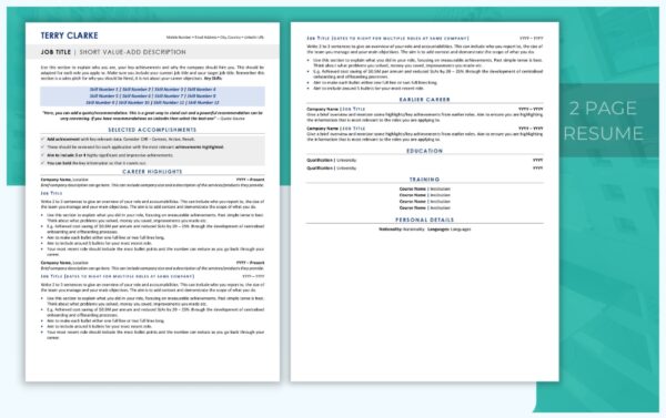 Two Page - Modern Executive Resume Template - Blue - Job Search Journey