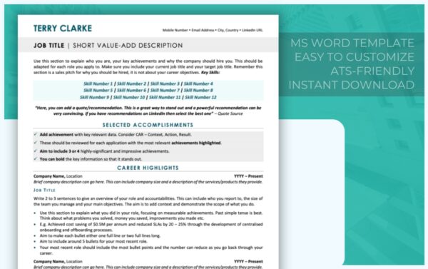 ATS-Friendly Modern Executive Resume Template - Teal - Job Search Journey