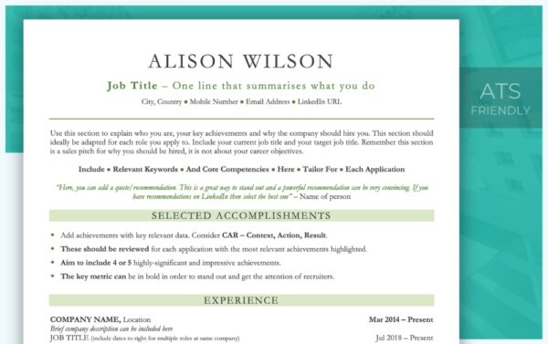 Classic Resume Template in Green - Matching Cover Letter Template - Job Search Journey