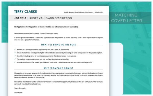 Cover Letter & Modern Executive Resume Template - Teal - Job Search Journey