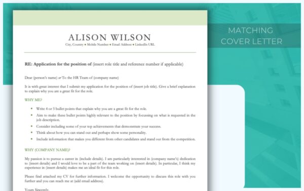 Expertly Designed Classic Resume Template in Green - Matching Cover Letter Template - Job Search Journey
