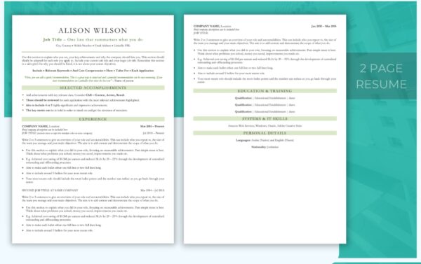Two Page - Classic Resume Template in Green - Matching Cover Letter Template - Job Search Journey