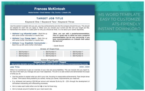 MS Word - Professional Resume Template - Blue - Job Search Journey