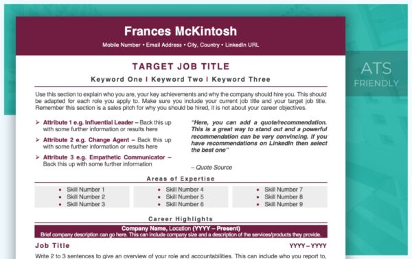 Professional Resume Template - Burgundy - Job Search Journey