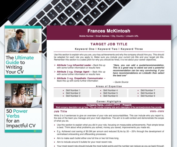 A professional resume template in burgundy with two expert guides to writing a resume