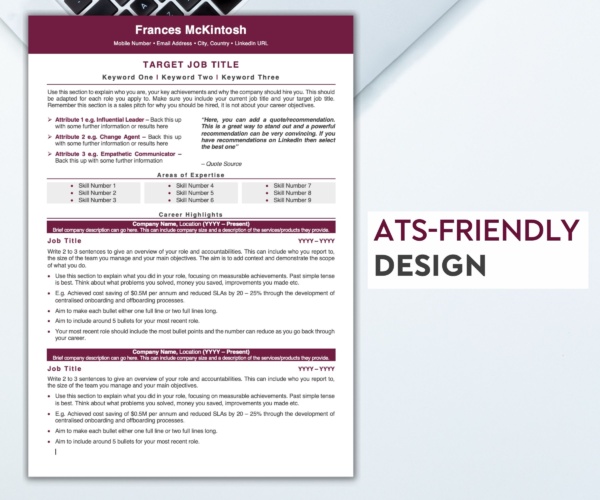 A professional ATS-friendly resume template in burgundy