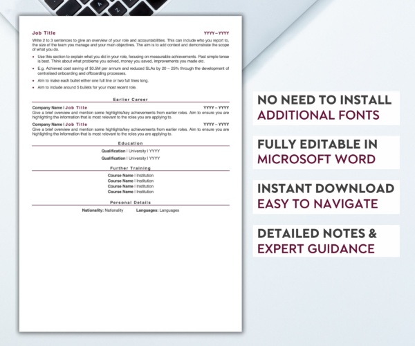Page two of a professional resume template in burgundy