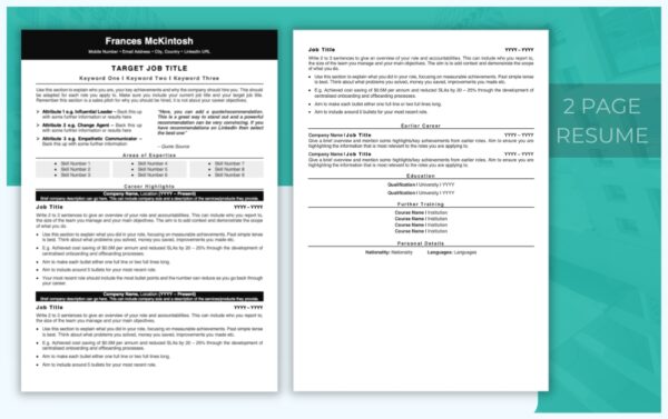 Two Page - Professional Resume Template - Black - Job Search Journey