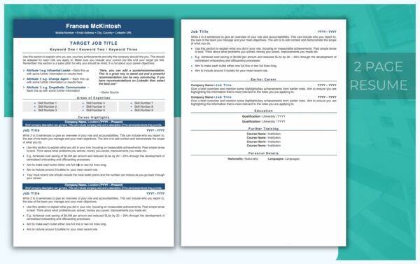 Two Page Professional Resume Template - Blue - Job Search Journey