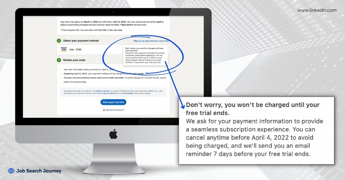 LinkedIn will charge you after your free trial ends