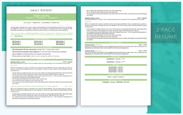 Two Page Modern Resume Template Design - Light Green - Job Search Journey