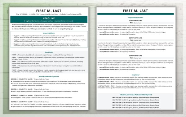 Nonprofit Board Level Resume Template Two Page