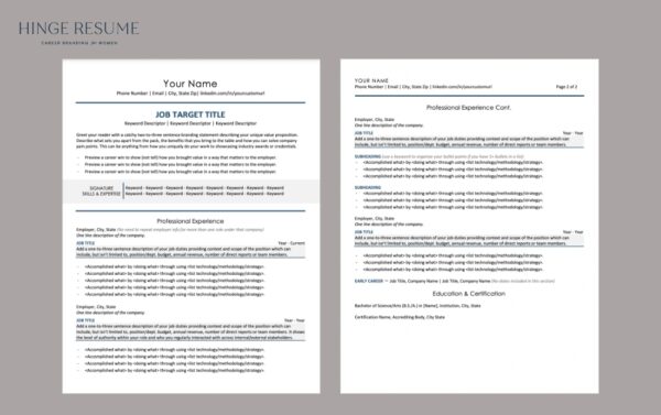 A mid-level resume template designed for women. It has a blue heading