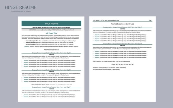A two page return to work resume template in green