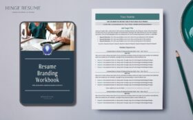 A return to work resume template in green with a resume branding guide on a grey desk with a green pencil and tea cup