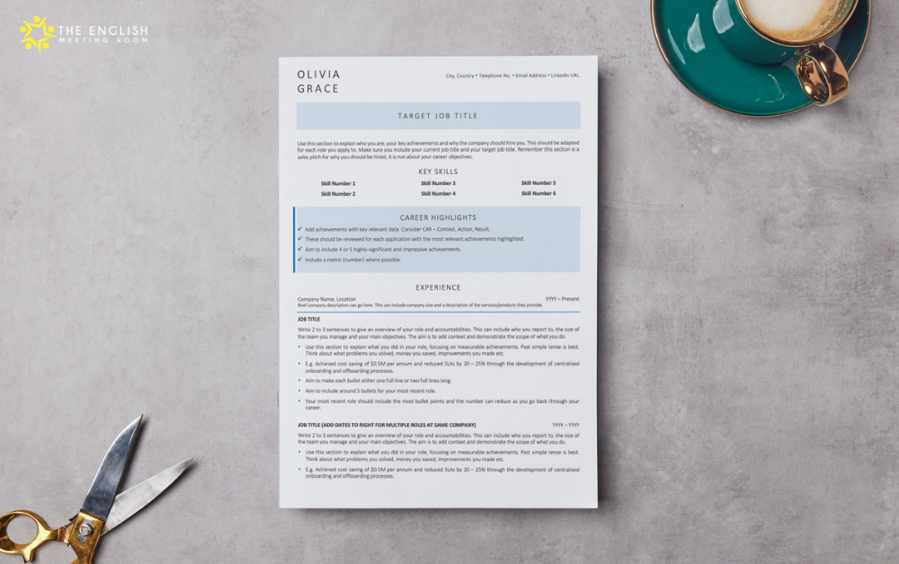 Designer Resume Template in Blue On a Grey Background