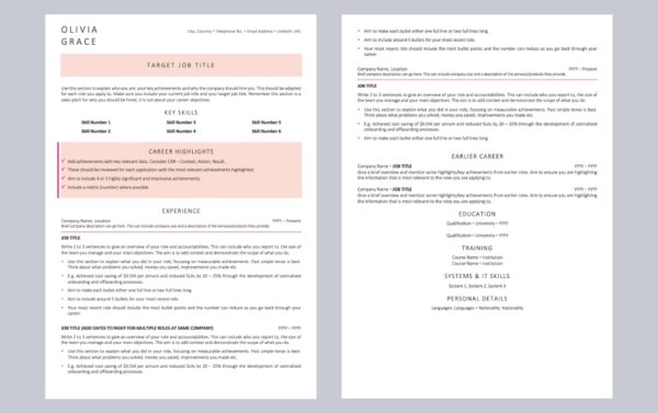 A Designer Resume Template in Pink Page One and Two