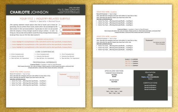 Two pages of a top performing resume template. It has black and orange design elements and is sitting on a gold background.