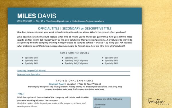 Green resume template titled Miles Davis sits on a gold background.