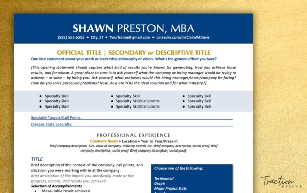 A top performing resume template in blue on a gold background.