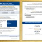 Two page top performing resume template in blue on a gold background.