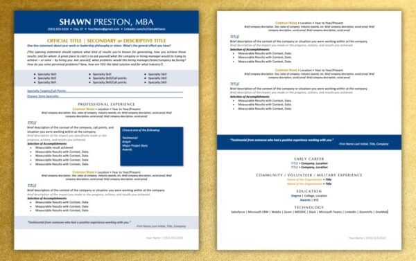 Two page top performing resume template in blue on a gold background.